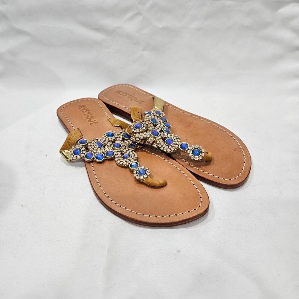 Mystique Blue Rhinestone Jeweled Gold Leather Thong Sandals Womens Size 8
